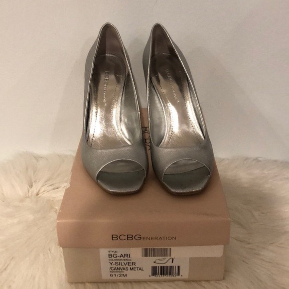 BCBGeneration Ariel Silver Peep Toe Heels - Picture 2 of 3